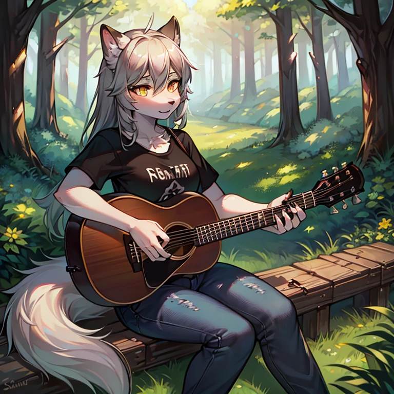 Masterpiece, high quality, animal focus, (wild) fur, One grey wolf anthro girl, solo, has Yellow eyes, has grey wolf tail, black claws, wears green T-shirt with farmer jeans, in the forest, sitting on the ground, playing in acustic guitar, sunny day