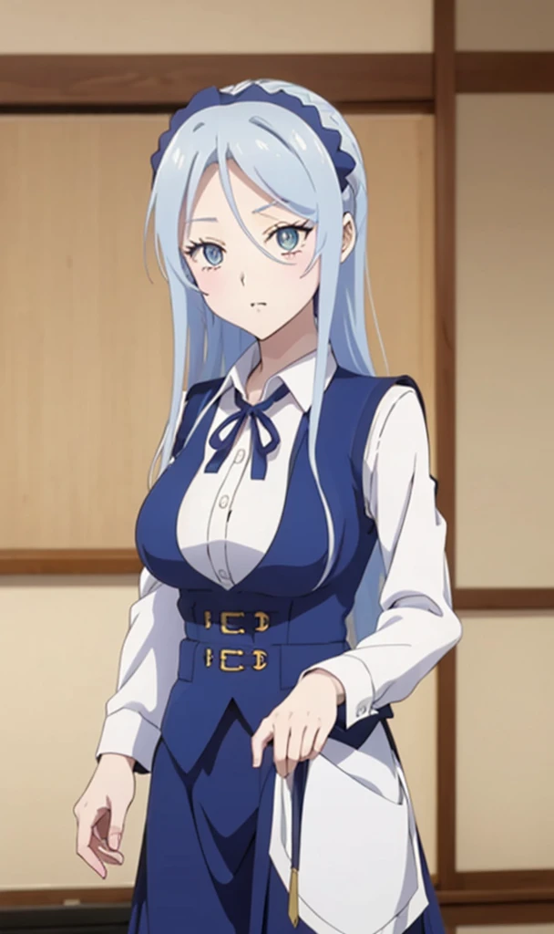 sylpha, long_hair, 1girl, blue_eyes, blue_hair, solo, blush, large_breasts,  vest, white_shirt,, score_9, score_8_up, score_7_up, , anime coloring ,BREAK source_anime, anime