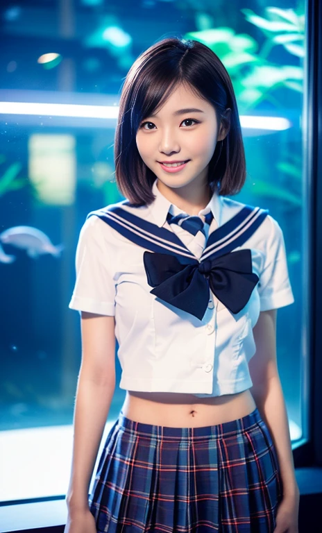 (1 youthful eurasian lady, early 20s, at an Aquarium, (((full bodyesbian))), ((Girls' High School Uniforms)), short_bob_hair_ponytail, Dimples, Friendly & Kind smile, snaggle-tooth, realistic skin textures, healthy body proportion, hyper-realism, photorealistic, beautiful detailed eyes, high contrast, ultra HD, top image quality, fine details, very meticulously, masterpiece, the_cowboy_shot, bokeh background, Serene Ambiance, LED blue light) #MondayBlues #MondayMotivation