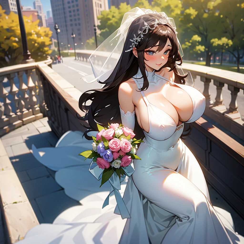 Girl with huge breasts in a bra with a sexy wedding dress ,veil and bouquet in the park 