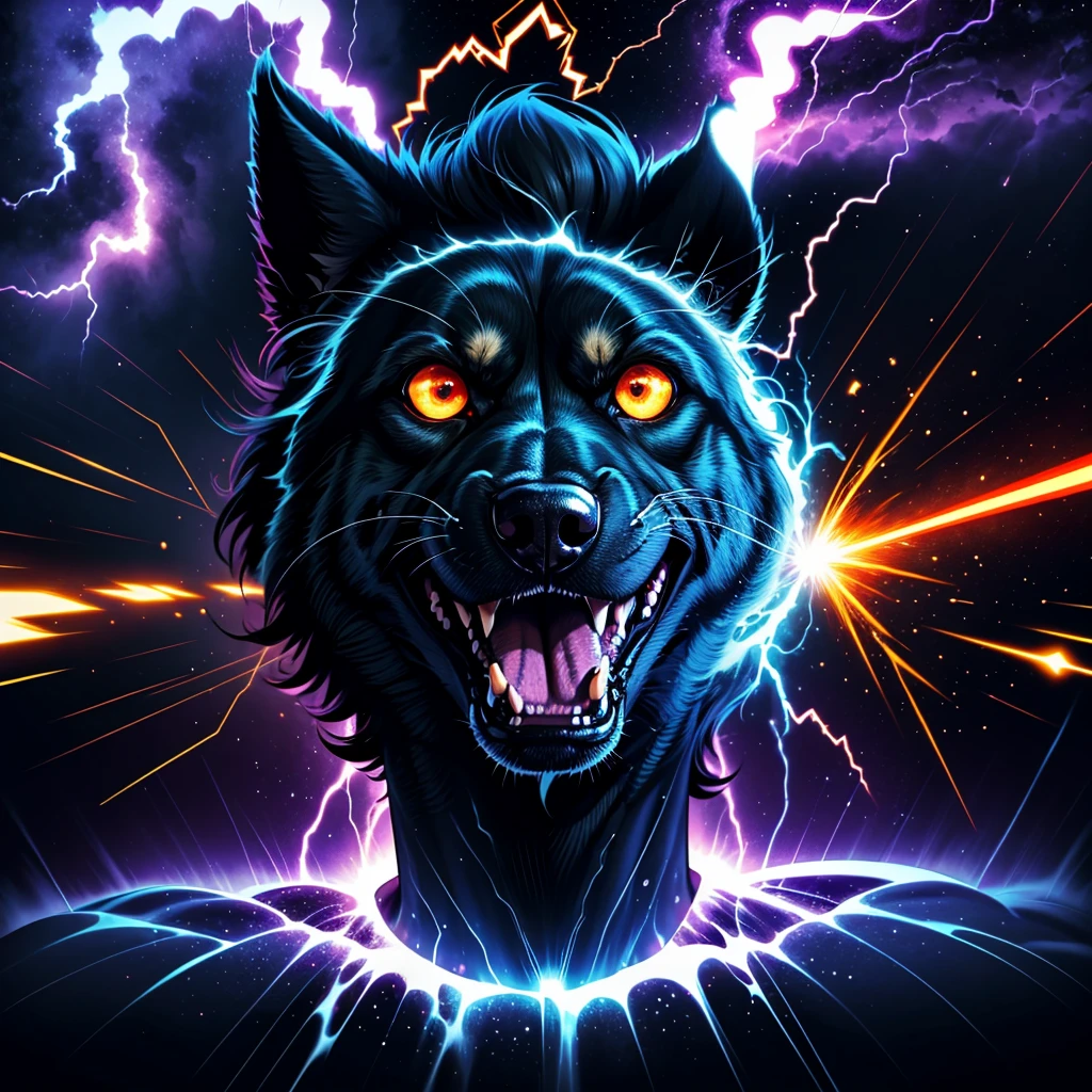 portrait of a angry dog breaking the sound barrier, fisheye, subwofer, sparks, lightning, Vapor cone, ultrasonic boom