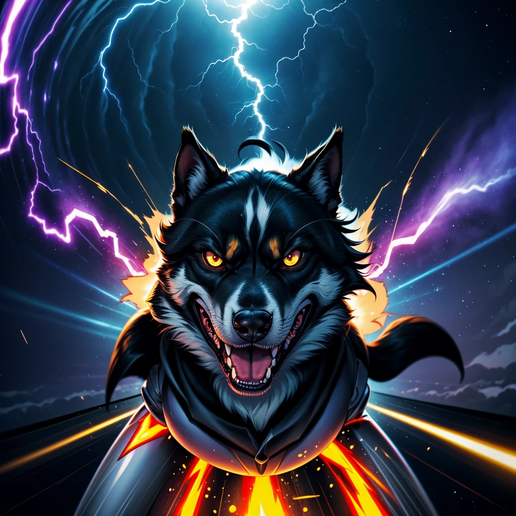 portrait of a angry dog breaking the sound barrier, fisheye, subwofer, sparks, lightning, Vapor cone, ultrasonic boom