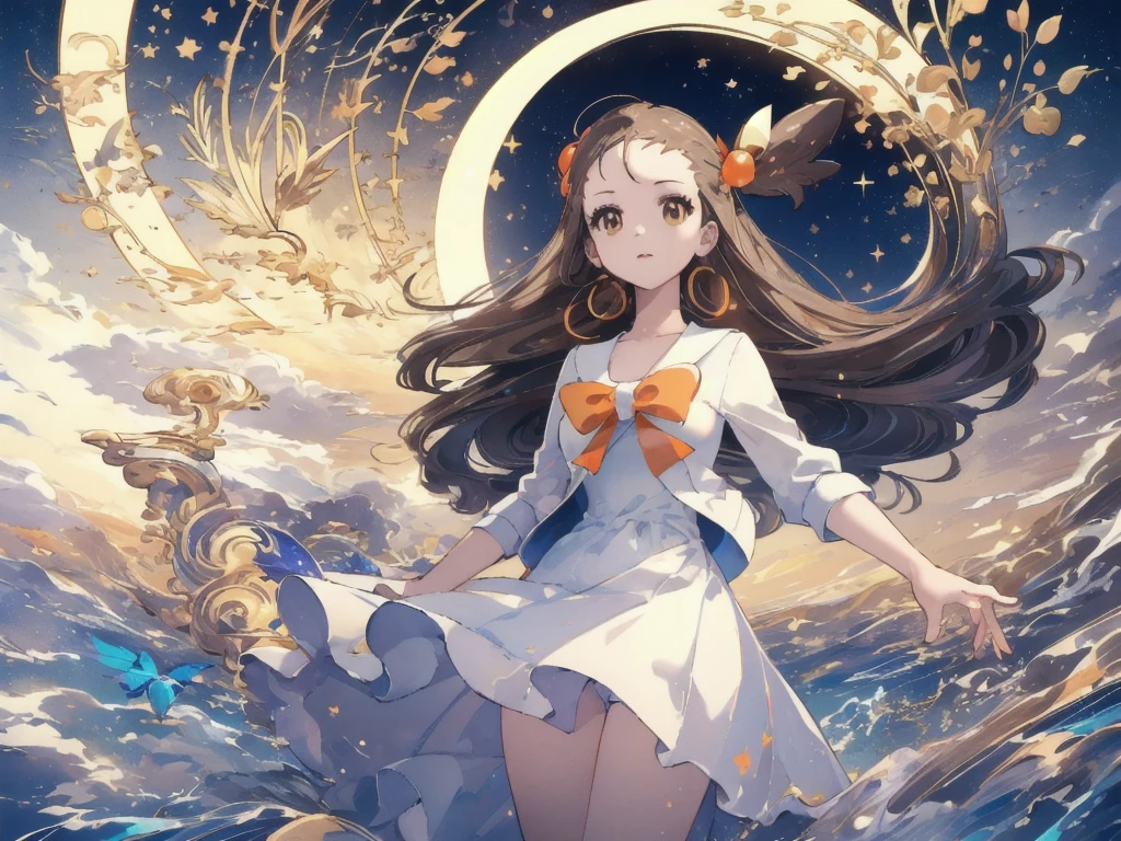 (masterpiece, Highest quality:1.2), Very detailed,Bright colors, 4K,alone, jasmine \(Pokemon\), Princess Dress, White jacket, Round orange ribbon, Brown eyes,(Shining Moon　Shining Background)