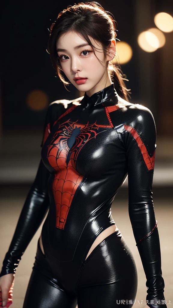 tmasterpiece,1 Chinese girl,realisticlying,8K UHD,high high quality,in the background bokeh, white and black spider-man suit,Spidey,Clothes wrap around the whole body,Tight clothing,Abs contour,Short black hair,s the perfect face,shining face,Ultra-clear face,Elaborate Eyes,idoly