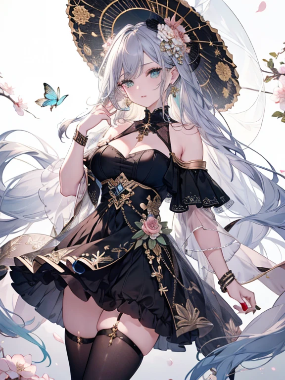 8K,High resolution RAW color art, animation,Sculpture, Silver Marble Skin, (((Highly detailed elegant))), Magical atmosphere, Detailed skin, texture,(Exquisitely crafted, The finer details, Ultra-detailed art), Depth of written boundary, Silky Touch, Hyper Detail, White Background、Beautiful Eyes, Elegant face, Ivory Rose, eye shadow、(Highest quality:1.2, High detail, masterpiece:1.2, Best aesthetics), (1 Girl), Beautiful woman, Beautiful attention to detail, Beautiful lip detail, Highly detailed face, Delicate depiction of hair and eyes, Detailed Fashion, Aqua Eye, Earrings, Big Breasts,Full body depiction, ,Focus on the user、Beautiful black off-shoulder top、Beautiful black above the knee skirt、Tights up to the knee、Thighs、Gold decoration, Black nails, Gray Hair, Gold bracelet, Long Straight Hair, Light blue inner hair、Hair、Red cheeks、Looking up、evening、Cherry Blossom、Fluttering clothes
