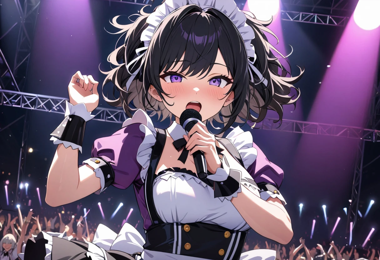 anime style, masterpiece, accurate, textured skin, high quality, best quality, highres, high details, super detail, black hair, messy hair, maid headdress, reflection light, Super idol in maid outfit, Purple outfit, Singing at a live concert, holding a microphone, solo, In the spotlight, Enthusiastic stage