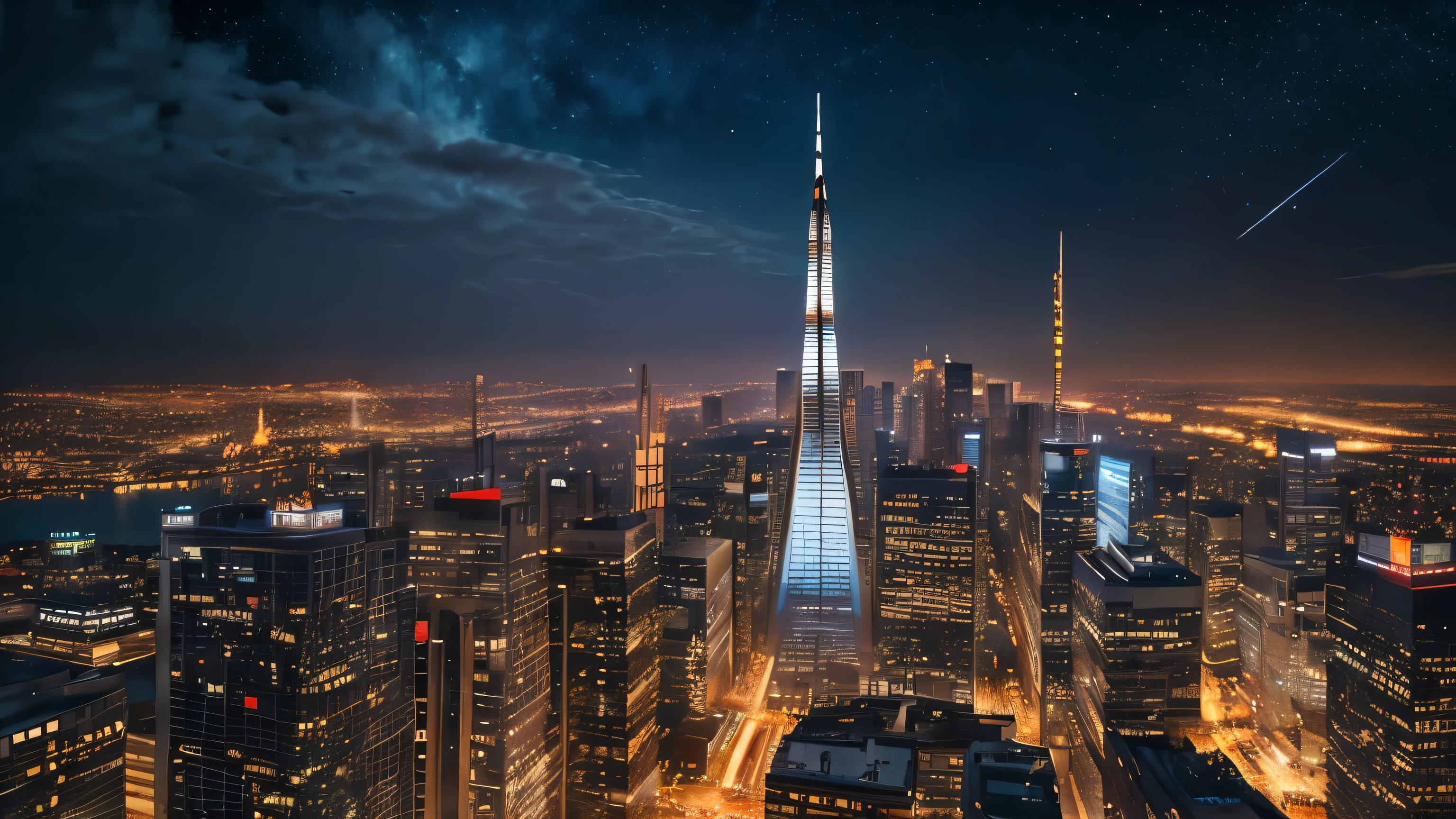 (Realistic, Photorealistic:1.4), Beautiful illustration, SF world, future city, skyscraper, starry sky