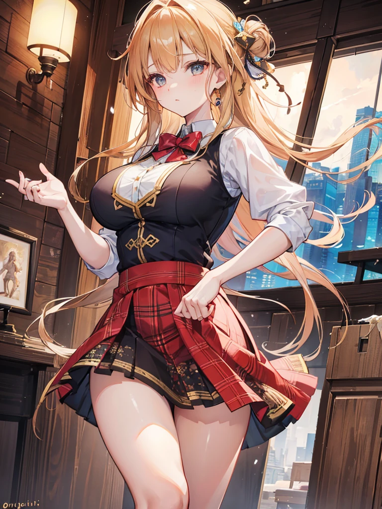 a beautiful young woman in a , doing an Ojigi bow while holding her skirt, adventurous expression, large bust, highly detailed, 8k, photorealistic, masterpiece, dynamic pose, natural lighting, warm color tones, intricate clothing textures, storytelling, elegant, graceful