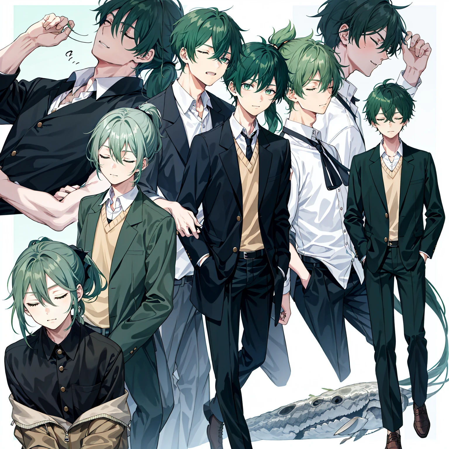 1 boy, 27 years old, full body, hair between eyes, dark green hair, Lower ponytail, collared shirt, slacks, safari jacket, closed eyes, flying,