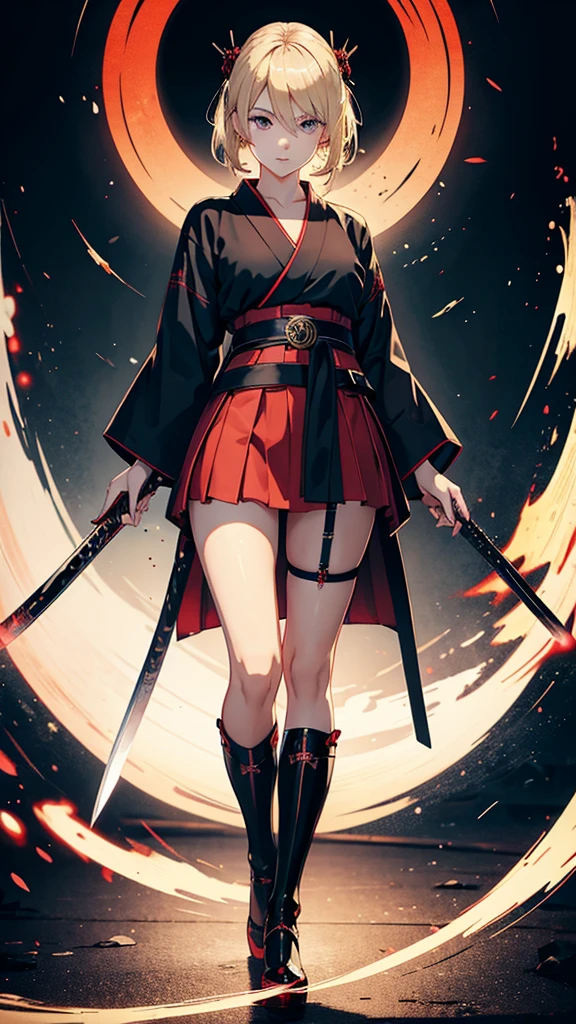 young woman, blonde, in a red kimono, belted katana, stockings, short skirt, black shoes, eyes of different colors, in light armor, drawing style