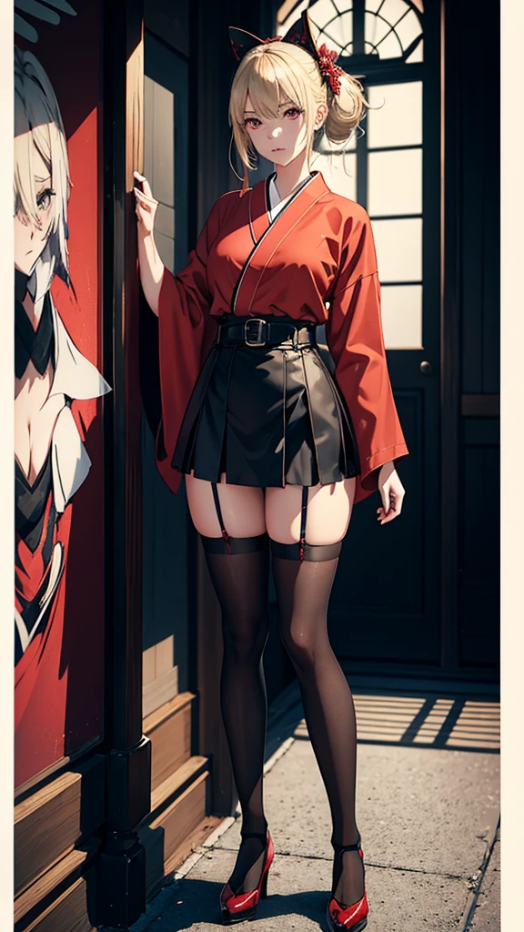 young woman, blonde, in a red kimono, belted katana, stockings, short skirt, black shoes, eyes of different colors, in light armor, drawing style