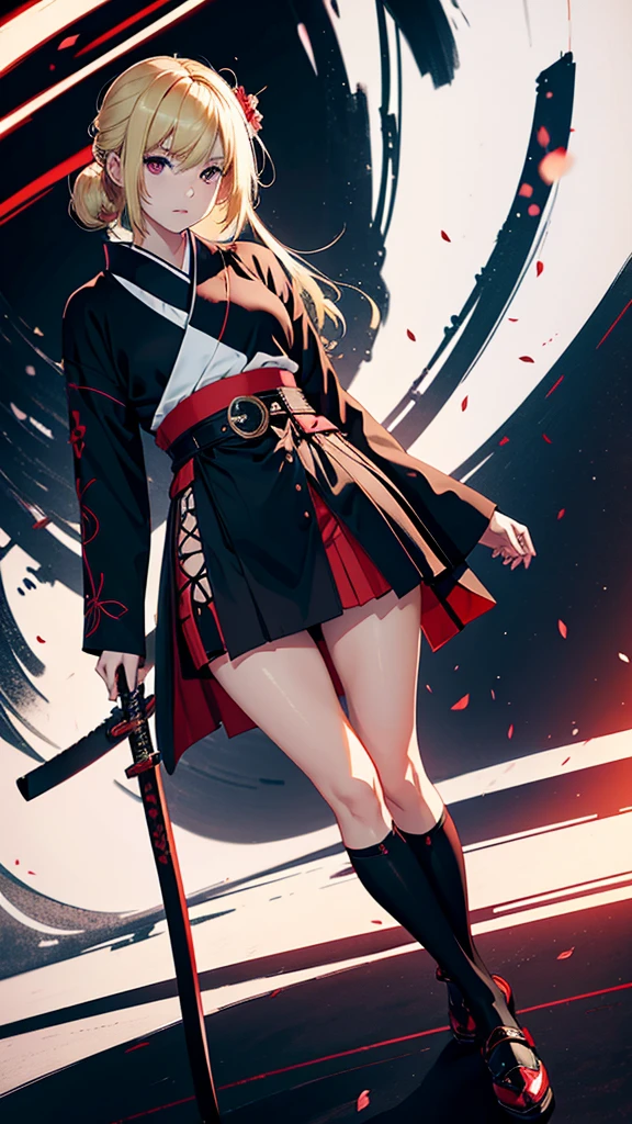young woman, blonde, in a red kimono, belted katana, stockings, short skirt, black shoes, eyes of different colors, in light armor, drawing style