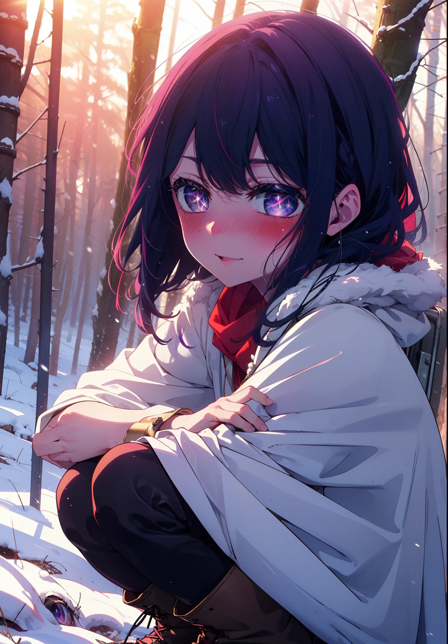 aihoshino, Ai Hoshino, Long Hair, bangs, (Purple eyes:1.1), Purple Hair, (Symbol-shaped pupil:1.5), smile,,smile,blush,White Breath,
Open your mouth,snow,Ground bonfire, Outdoor, boots, snowing, From the side, wood, suitcase, Cape, Blurred, , forest, White handbag, nature,  Squat, Mouth closed, Cape, winter, Written boundary depth, Black shoes, red Cape break looking at viewer, Upper Body, whole body, break Outdoor, forest, nature, break (masterpiece:1.2), Highest quality, High resolution, unity 8k wallpaper, (shape:0.8), (Beautiful and beautiful eyes:1.6), Highly detailed face, Perfect lighting, Extremely detailed CG, (Perfect hands, Perfect Anatomy),
