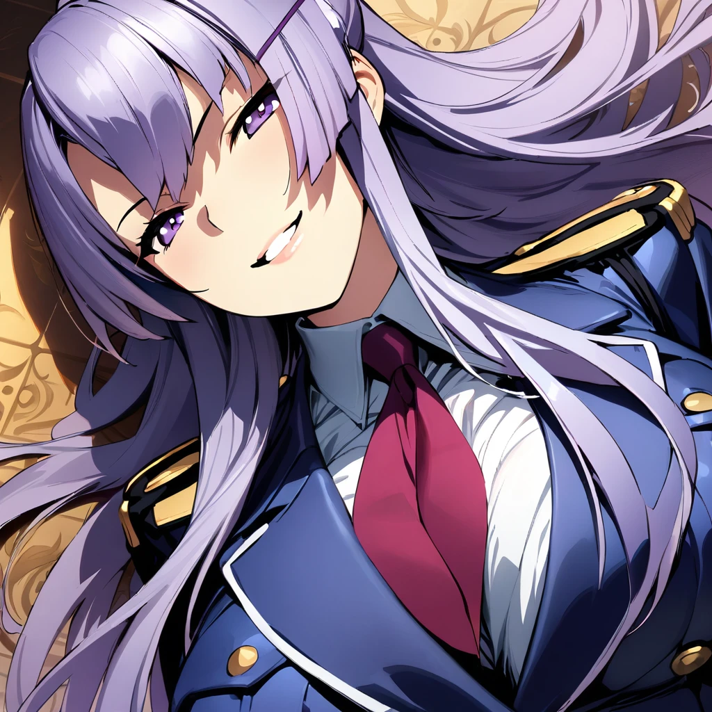 (masterpiece),(best quality),(ultra-detailed),(best illustration),(best shadow),(absurdres),(detailed background),(very aesthetic),frolaytia capistrano, 1girl, solo, long hair, purple hair, purple eyes, uniform, large breasts, open mouth, seductive smile, portrait,