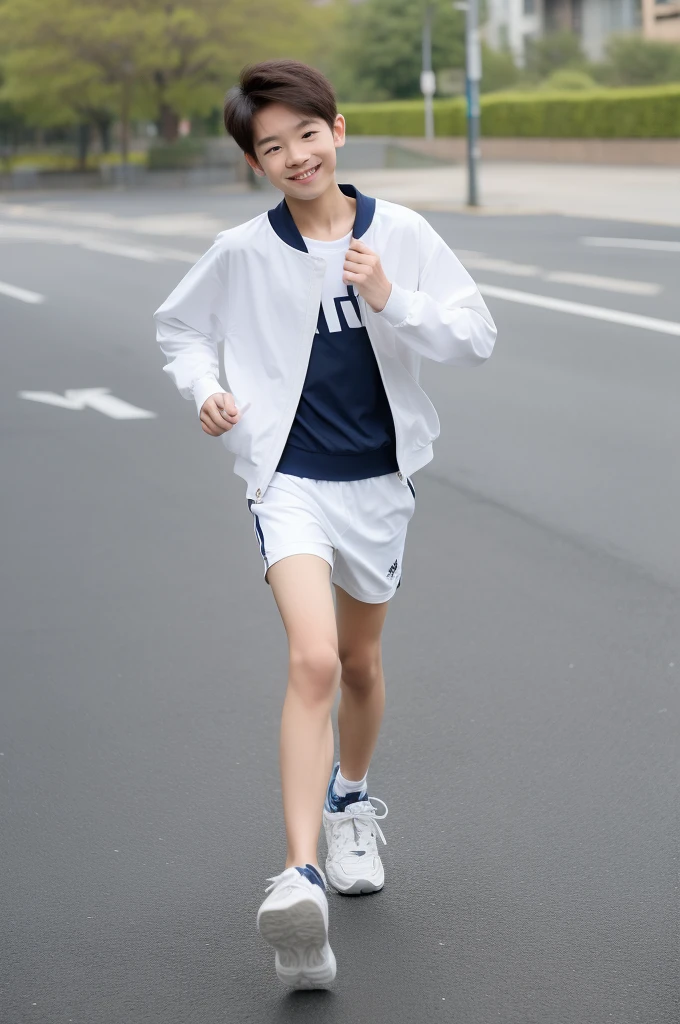 12-year-old boy,Smile，Spread your white and slender legs，jogging，full body，8K五官精致，Handsome boyish feeling，8K，masterpiece,((best quality)),photography,