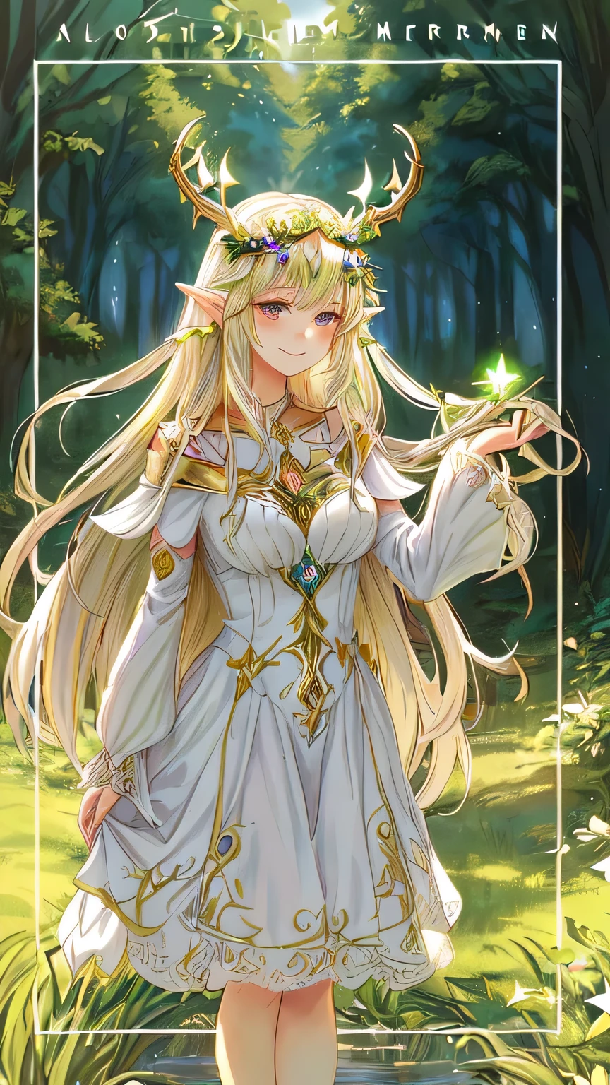 a cartoon picture of a girl in a dress with horns, smiling as a queen of fairies, elf princess, fey queen of the summer forest, anime in fantasy style, ((a beautiful fantasy empress)), an elf queen, forest soul, elven princess, goddess of the forest, shadowverse style, portrait of a forest mage, elfic priestess
