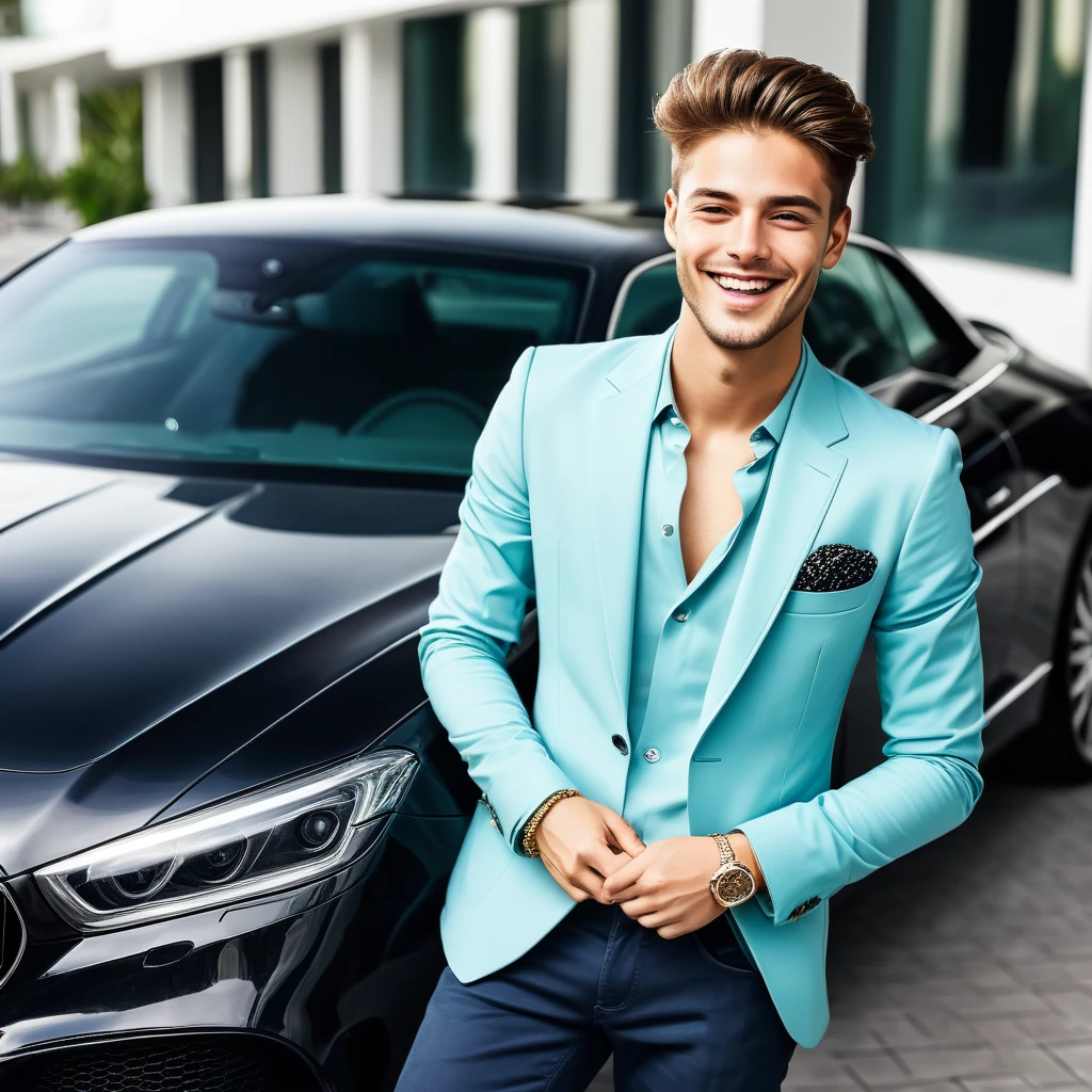 rich, money in hand, modern clothes, happy face, 25 year old young man, luxury car