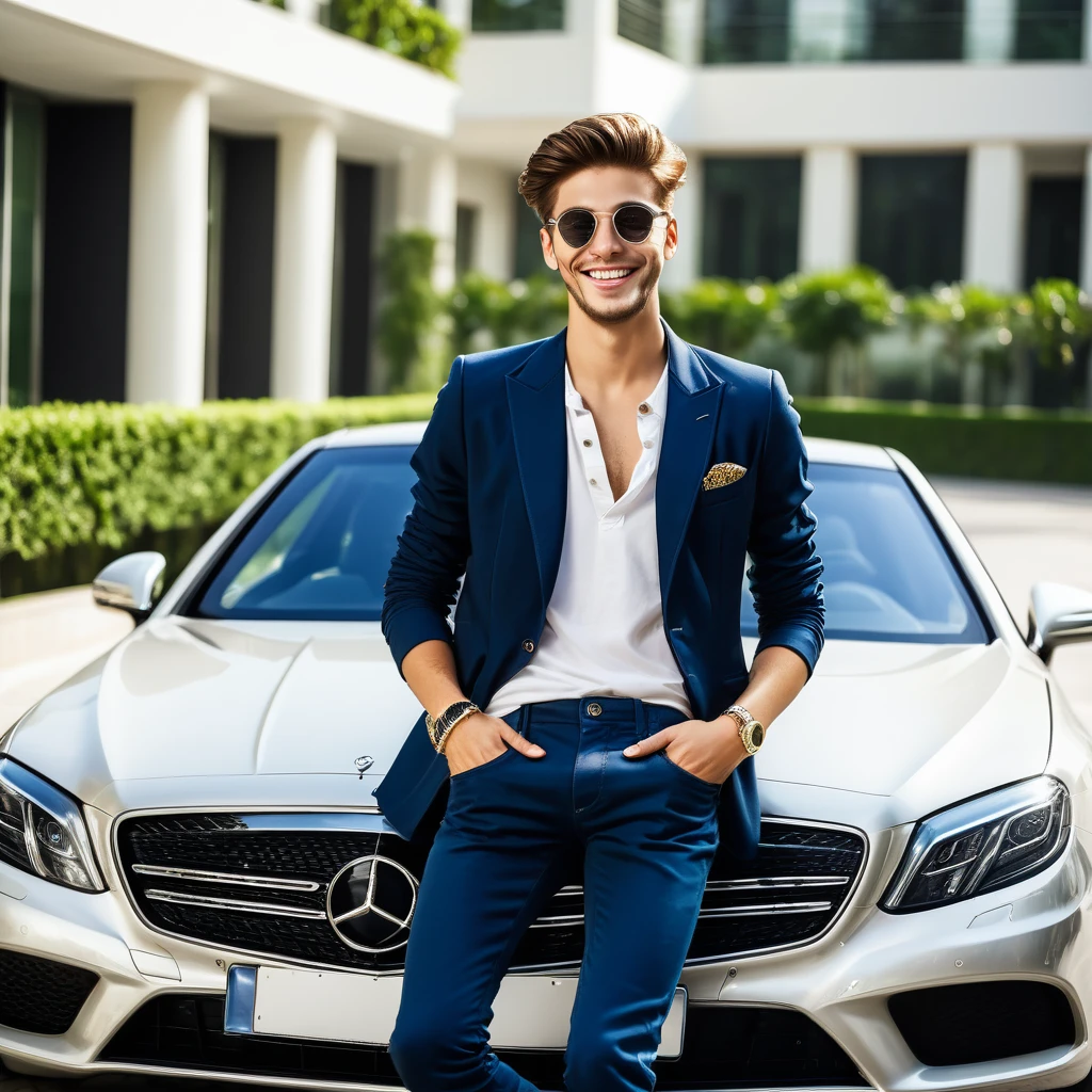 rich, money in hand, modern clothes, happy face, 25 year old young man, luxury car
