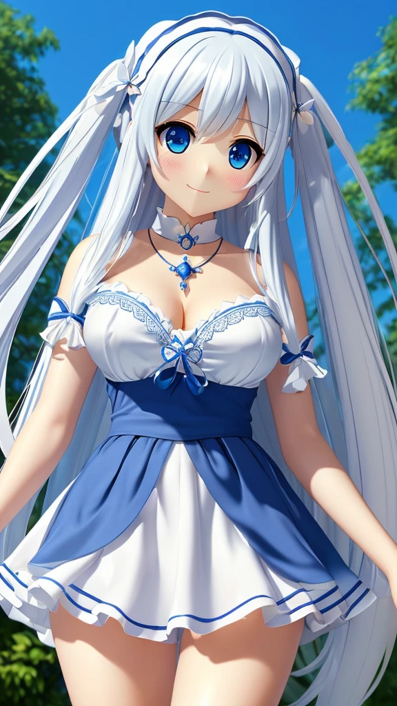 (((masterpiece))),(((Highest quality))),((Very detailed)),(figure),((Very delicate and beautiful)),(Beautiful and fine details),(Detailed Light) (One girl), solo , Glowing Eyes,Light blue long hair、Twin tails、blue eyes, Double Tail, Bright blue sky background,Bright blue Christian monument background,White pantyhose,Cross Necklace,With a smile (Anime Style), Beautiful and delicate face,(Cute Face:1.3),(Large Eyes:1.2),(Priestess Maiden Costume),Installed Detail Effects:1.3),Flowing skirt,(Thin fabric:1.2),Distinct facial features
