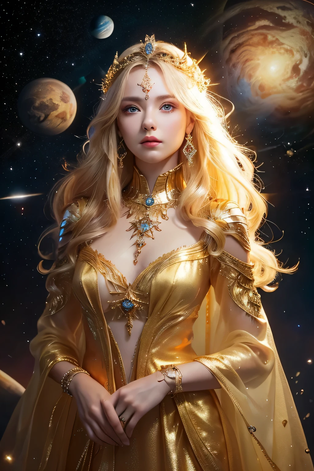 (masterpiece、Highest quality、High resolution、8K、16K)、((Alone in space、Beautiful Goddess、Standing posture、フローティング in the sky like a star))、(whole body)、Golden Cape、White long dress、No sleeve、Gold Bracelet、Blonde Hair、Beautiful brown eyes、Elegant and detailed face、Graceful operation、Right hand on chest、Professional Lighting、The universe is full of light、Countless stars and nebulae、