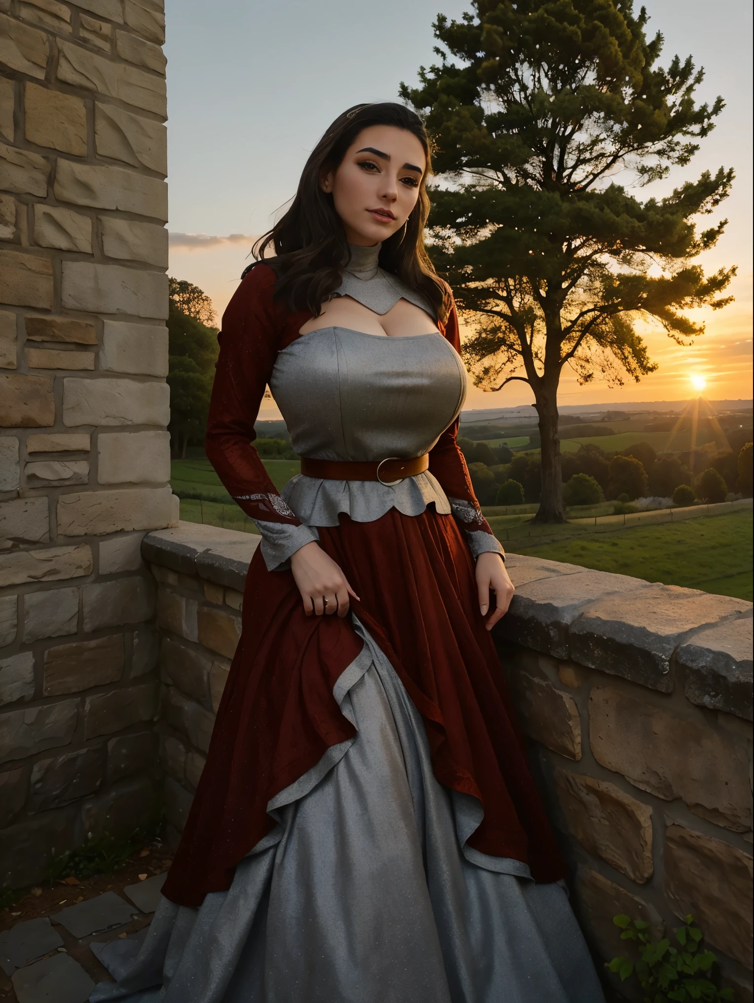 Gorgeous and sultry busty athletic (thin) brunette queen with sharp facial features wearing a modest updo, dark red medieval dress, long sleeves, intricate patterns, scrollwork, wide neck, crown, veil, long dress, modest dress, tight bodice, silver belt, (waist chain), medieval jewelry, Middle Ages, castle, rampart, wall, exterior, on top of a castle wall, trees, countryside, evening, sunset. large breasts.