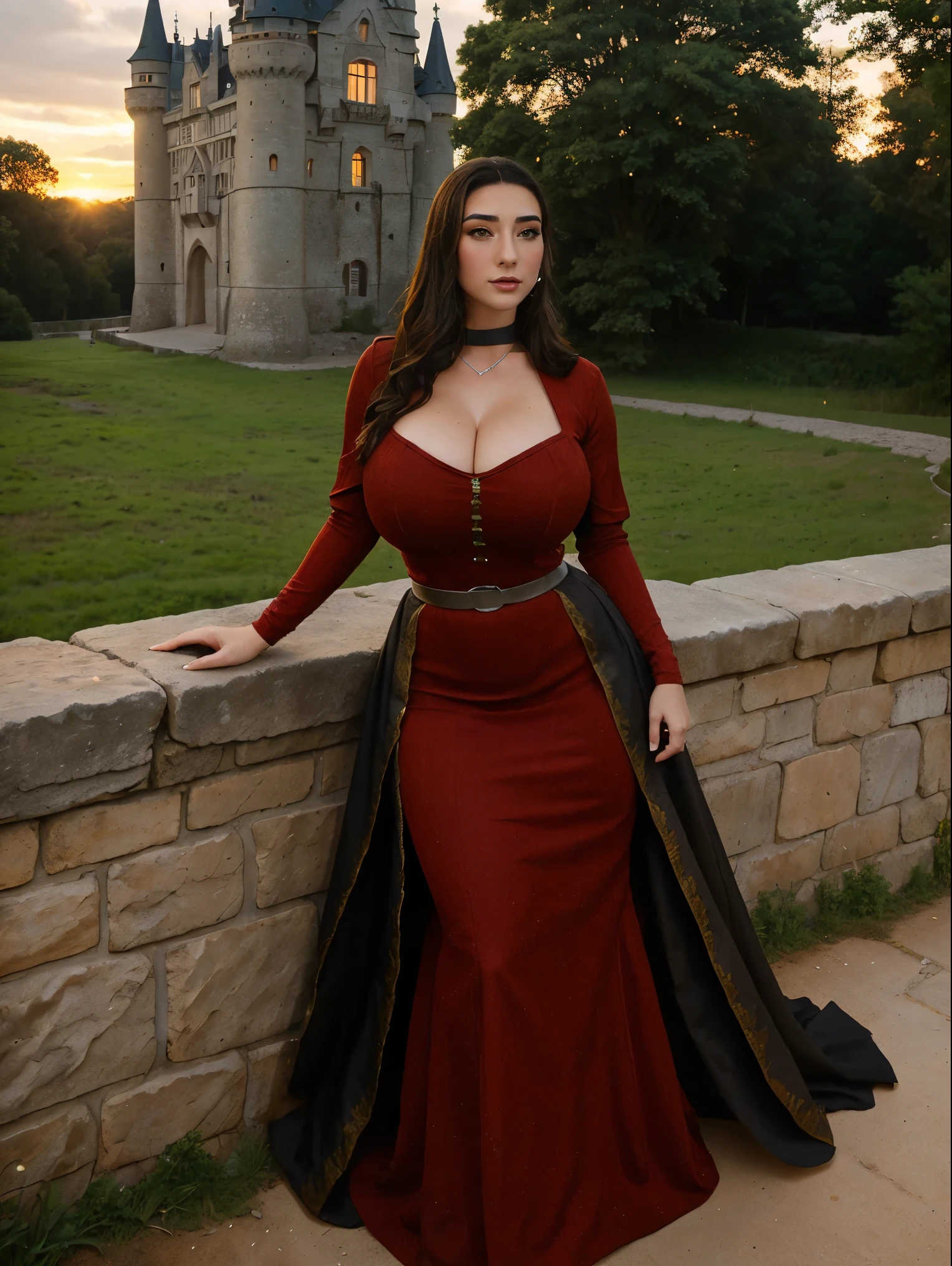 Gorgeous and sultry busty athletic (thin) brunette queen with sharp facial features wearing a modest updo, dark red medieval dress, long sleeves, intricate patterns, scrollwork, wide neck, crown, veil, long dress, modest dress, tight bodice, silver belt, (waist chain), medieval jewelry, Middle Ages, castle, rampart, wall, exterior, on top of a castle wall, trees, countryside, evening, sunset. large breasts.