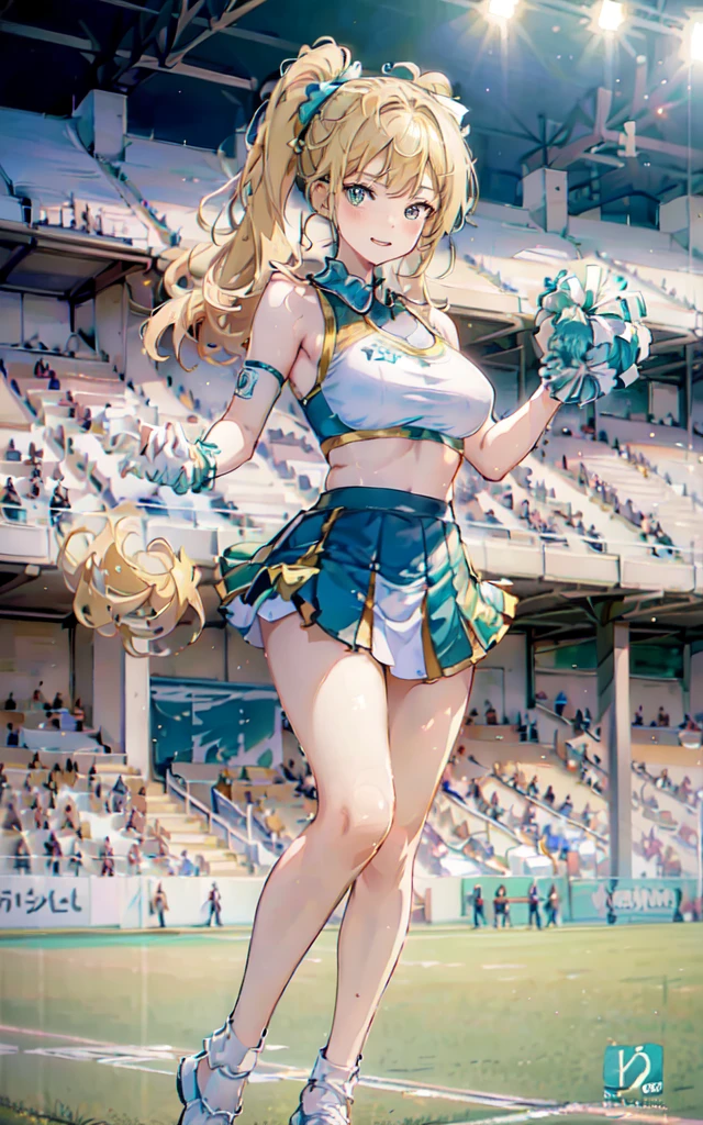 (masterpiece, top quality, best quality, official art, beautiful and aesthetic:1.2), (8k, best quality, masterpiece:1.2), (((masterpiece))), (((best quality))), (((extremely detailed))), illustration, who, (masterpiece, top quality, best quality, official art, beautiful and aesthetic:1.2), (8k, best quality, masterpiece:1.2), 1girl, wearing cheerleader outfit, holding pom poms, stadium, dancing, posing for a photo, cheering up the crowd, (((blonde hair))), twin tails, long hair, medium breasts, turquoise eyes, full body, wide hips, smile, skirt, green and white cheerleader uniform, football field,