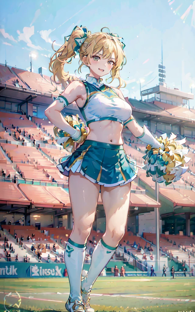 (masterpiece, top quality, best quality, official art, beautiful and aesthetic:1.2), (8k, best quality, masterpiece:1.2), (((masterpiece))), (((best quality))), (((extremely detailed))), illustration, who, (masterpiece, top quality, best quality, official art, beautiful and aesthetic:1.2), (8k, best quality, masterpiece:1.2), 1girl, wearing cheerleader outfit, holding pom poms, stadium, dancing, posing for a photo, cheering up the crowd, (((blonde hair))), twin tails, long hair, medium breasts, turquoise eyes, full body, wide hips, smile, skirt, green and white cheerleader uniform, football field,