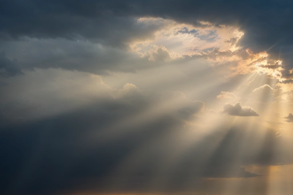 There is a ray of sunlight in the sky shining through the clouds, Light of God shining from above, sunrays between clouds, Beams of light in the sky, Theatrical lighting with divine brilliance, sunlight penetrates the clouds, Light of God, Sunlight passing through the sky, Sun rays in the sky, rays of life, Some light, Light from above