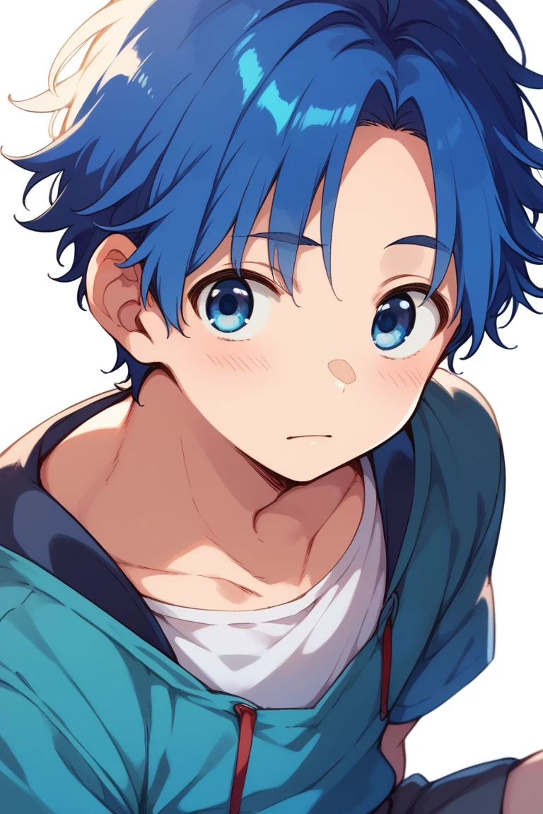 (score_9,score_8_up,score_7_up,score_6_up,score_5_up,score_4_up, source_anime), 8k, best quality, best lighting, BREAK, 1man, 23 yo, thin eyebrows, (tareme: 1.5), droppy eyes, toned, portrait, (forehead: 0.5), blue hair, blue eyes, male face, male eyes, male focus