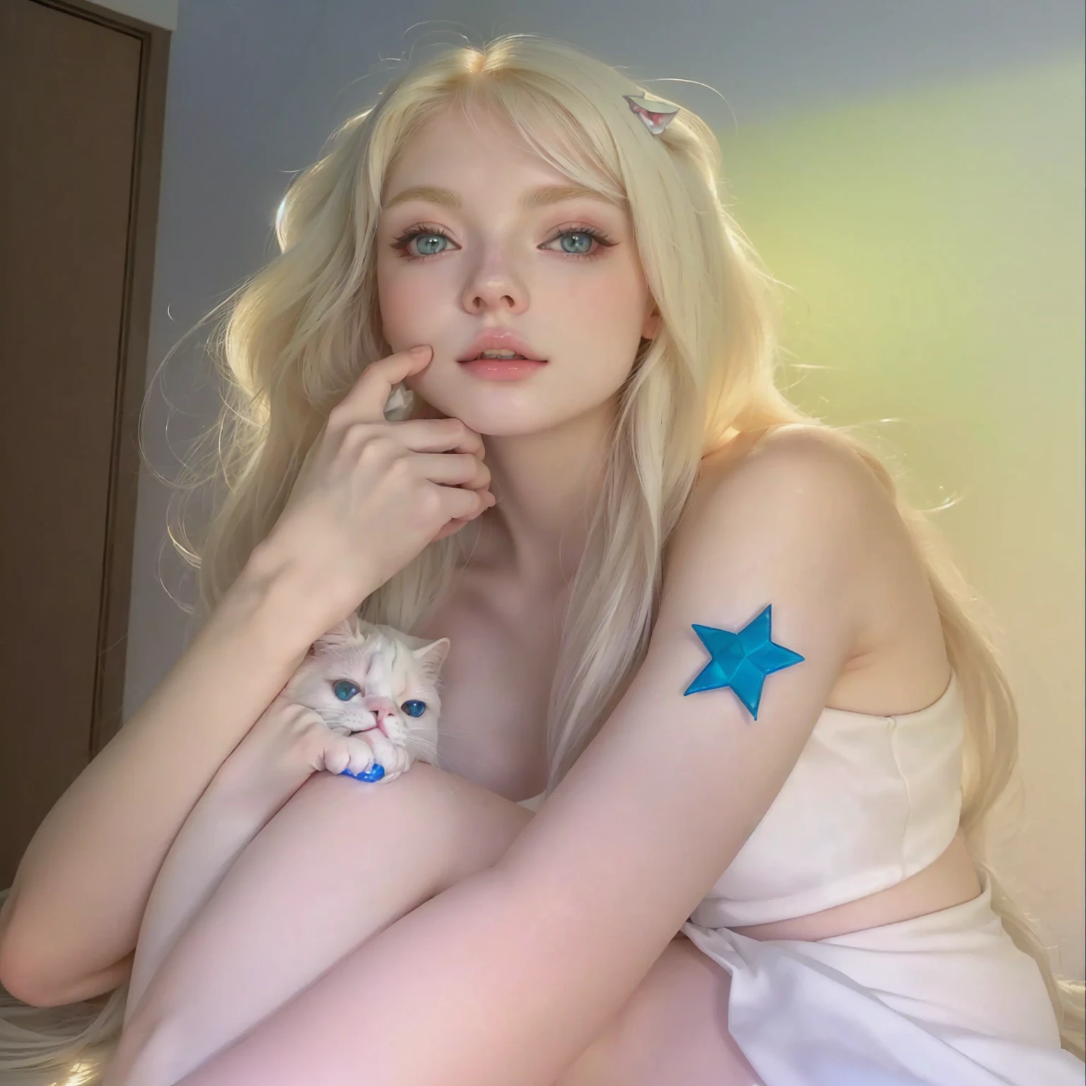 araffe girl with a blue star on her arm and a white cat, beautiful dolphin, pale porcelain white skin, pale and light skin!!, very beautiful cute catgirl, with long white hair, anime girl in real life, extremely pale white skin, portrait of kim petras, with stars, pale milky white porcelain skin, pale white skin, pale, shiny skin