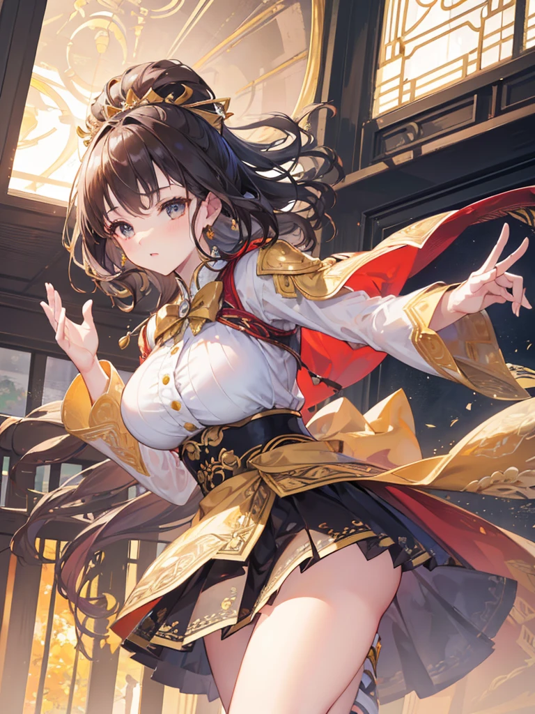 a beautiful young woman in a , doing an Ojigi bow while holding her skirt, adventurous expression, large bust, highly detailed, 8k, photorealistic, masterpiece, dynamic pose, natural lighting, warm color tones, intricate clothing textures, storytelling, elegant, graceful