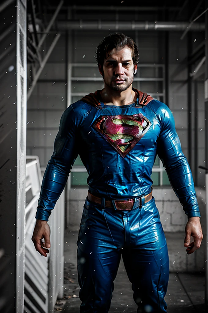 Henry cavill,Realistic superman, full body, (old shabby:1.3) leather superman suit, beard, (muscular arms:1.2),fly, background of the cyberpunk city, snowfall, sony a7, 50 mm, matte skin, pores, colors, hyperdetailed, hyperrealistic), realistic, photography, photo, HD, 8K, HD Highly Detailed,naturalism,land Art,regionalism,shutterstock contest winner,trending on unsplash,featured on Flickr