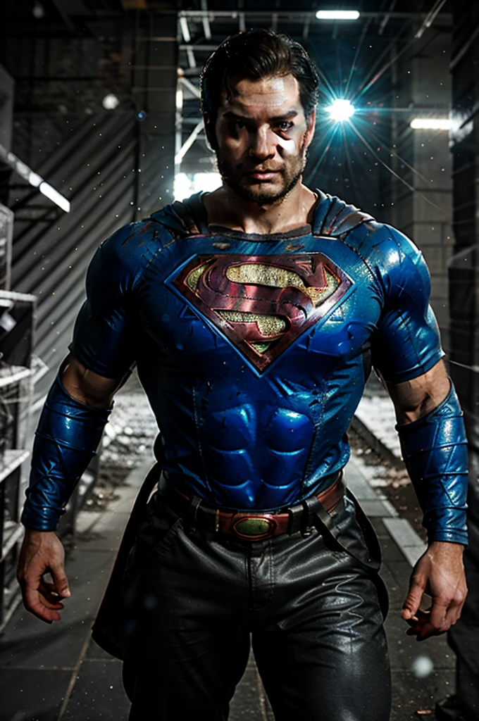  Henry cavill,Realistic superman, full body, (old shabby:1.3) leather superman suit, beard, (muscular arms:1.2),fly, background of the cyberpunk city, snowfall, sony a7, 50 mm, matte skin, pores, colors, hyperdetailed, hyperrealistic), realistic, photography, photo, HD, 8K, HD Highly Detailed,naturalism,land Art,regionalism,shutterstock contest winner,trending on unsplash,featured on Flickr