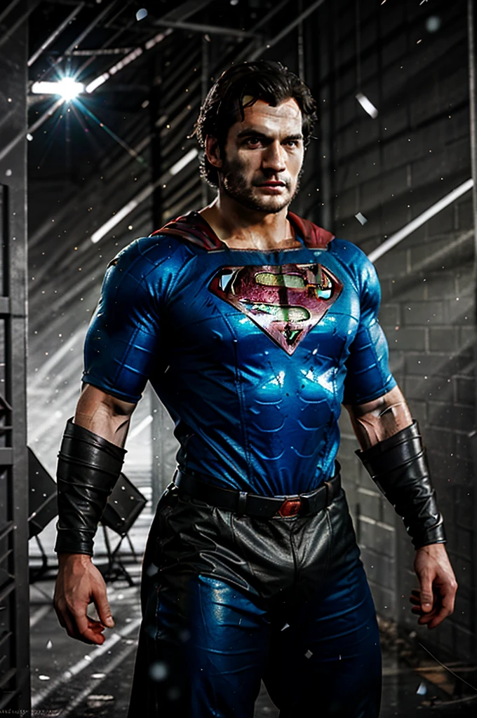 Henry cavill,Realistic superman, full body, (old shabby:1.3) leather superman suit, beard, (muscular arms:1.2),fly, background of the cyberpunk city, snowfall, sony a7, 50 mm, matte skin, pores, colors, hyperdetailed, hyperrealistic), realistic, photography, photo, HD, 8K, HD Highly Detailed,naturalism,land Art,regionalism,shutterstock contest winner,trending on unsplash,featured on Flickr