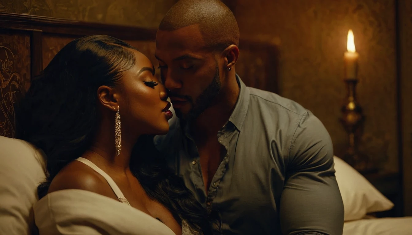 Omari Hardwick and Lucy Liu share a steamy kiss inside a dark bedroom lit only by candlelight. Lucy has lovely makeup on her face. Nighttime. Romantic ambiance. Symmetrical eyes. Symmetrical faces. Lovely details. Photorealistic. Full-colored photo. Professional photo. Highly detailed 8K.