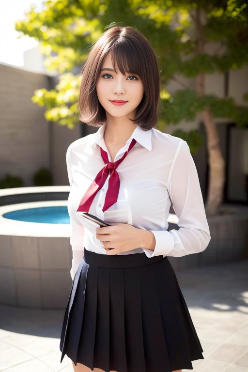 (a beautiful Japanese lady,short bob hair,serafuku uniform,tight moderately translucent shirt,large round breasts,slender curvy figure,beautiful detailed eyes,long eyelashes,double eyelids,elongated eyes,innocent smile,short red ribbon tie,short pleated skirt,school patio background,hands on her hip,(best quality,4k,8k,highres,masterpiece:1.2),ultra-detailed,(realistic,photorealistic,photo-realistic:1.37),HDR,vivid colors,studio lighting)
