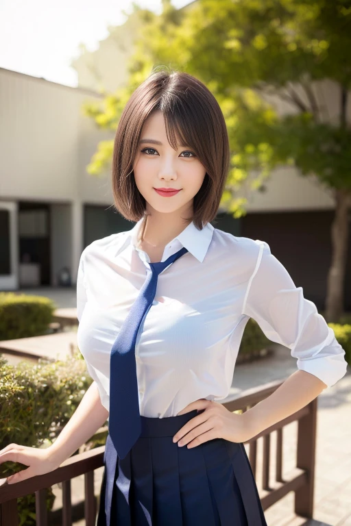 (a beautiful Japanese lady,short bob hair,serafuku uniform,tight moderately translucent shirt,large round breasts,slender curvy figure,beautiful detailed eyes,long eyelashes,double eyelids,elongated eyes,innocent smile,short red ribbon tie,short pleated skirt,school patio background,hands on her hip,(best quality,4k,8k,highres,masterpiece:1.2),ultra-detailed,(realistic,photorealistic,photo-realistic:1.37),HDR,vivid colors,studio lighting)