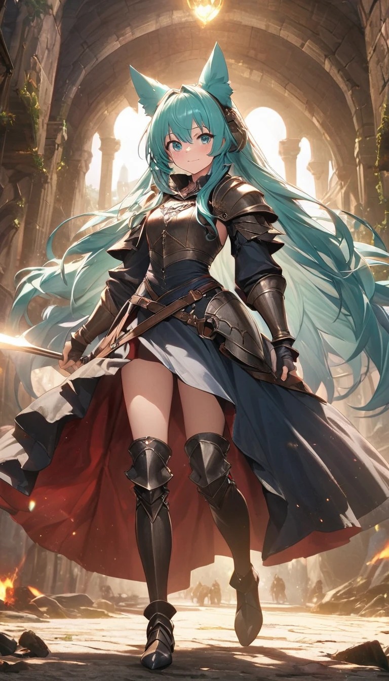 Imagen de High Definition, perfect aesthetic details, ultra high quality wallpaper HD,Miku Hatsune dressed in medieval armor, wars, High Definition, kitsune ears, High Definition, full body view ,High Definition, queen girl, the best definition 