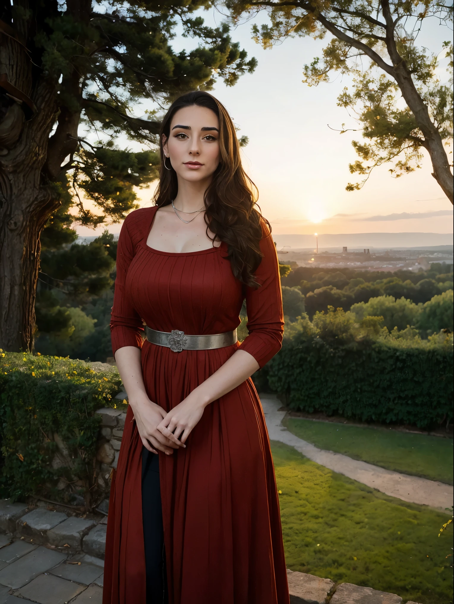 Gorgeous and sultry busty athletic (thin) brunette queen with sharp facial features wearing a modest updo, dark red medieval dress, long sleeves, intricate patterns, scrollwork, wide neck, crown, veil, long dress, modest dress, tight bodice, silver belt, (waist chain), medieval jewelry, Middle Ages, castle, rampart, wall, exterior, on top of a castle wall, trees, countryside, evening, sunset.
