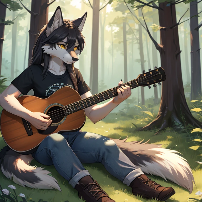 Masterpiece, best quality, high quality, animal focus, (wild) fur, One grey wolf anthro girl, solo, has Yellow eyes, has grey wolf tail, black claws, wears green T-shirt with farmer jeans, perfect anatomy, in the forest, sitting on the ground, playing in acustic guitar, sunny day