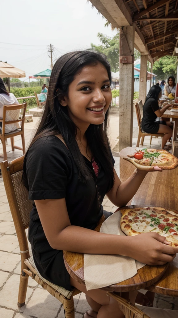 A Bangladesh white beautiful girl Beautiful black-haired woman sitting at a table and laughing at delicious-looking food pizza to eat enjoy the view in Cox's bazar