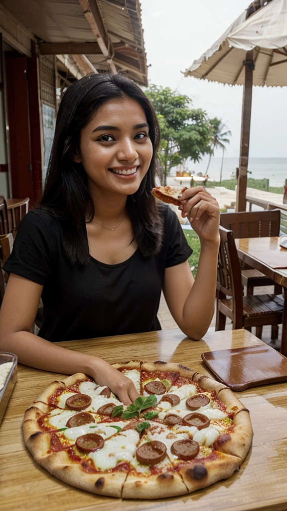 A Bangladesh white beautiful girl Beautiful black-haired woman sitting at a table and laughing at delicious-looking food pizza to eat enjoy the view in Cox's bazar 