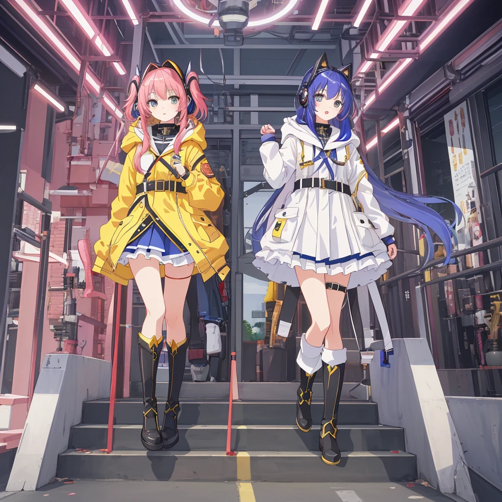 1girl,(((Highest quality、Masterpiece、Official Art、The best dynamic composition、Super detailed)))、Anime Magical Girl、cyber punk、巨大なかわいい💛型の魔法の杖、Cloak with hood、Headphones on head、アイドルの服なのにcyber punk、White long boots、A pouch for holding test tubes on the waist、❤💛、