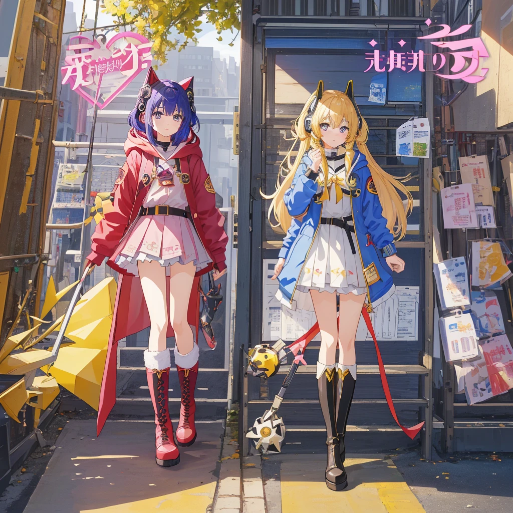 1girl,(((Highest quality、Masterpiece、Official Art、The best dynamic composition、Super detailed)))、Anime Magical Girl、cyber punk、巨大なかわいい💛型の魔法の杖、Cloak with hood、Headphones on head、アイドルの服なのにcyber punk、White long boots、A pouch for holding test tubes on the waist、❤💛、