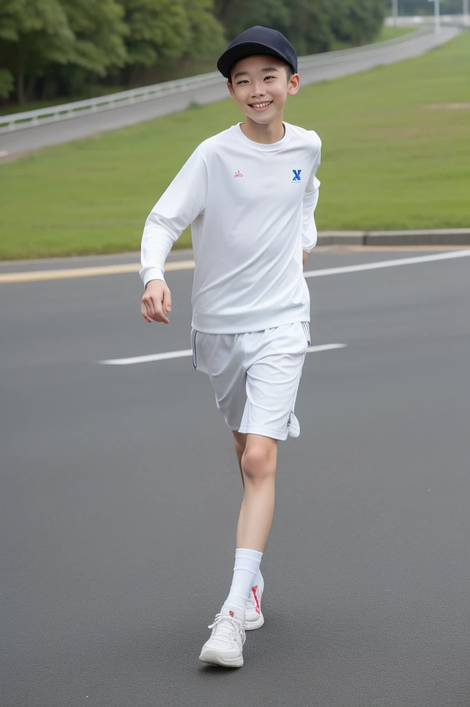 12-year-old boy,Smile,Spread your white and slender legs,jogging,full body,8K五官精致,Handsome boyish feeling,8K,masterpiece,((best quality)),photography,