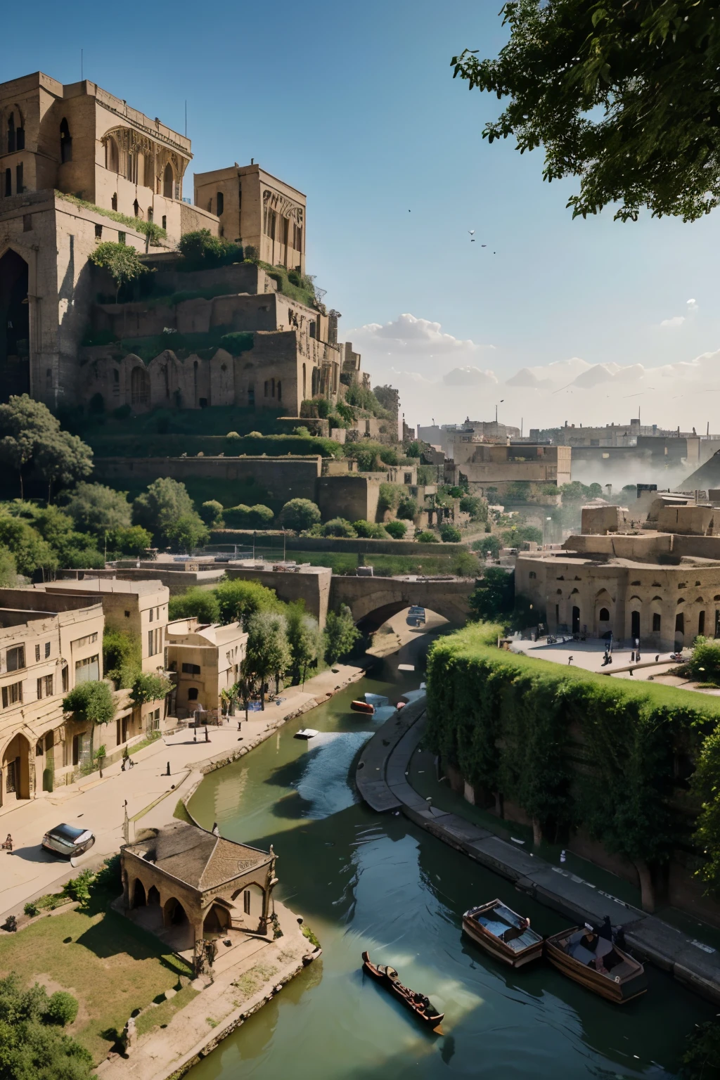 beautiful, Realistic aerial view of posthistoric Mesopotamian society.., The city sprawls across the landscape with a jumble of stone buildings and limestone-paved streets.., Medium sized on a high mountain, towering over the Hanging Gardens of Babylon in the middle.., bustling market, and lively squares filled with people, Surrounded by lush farmland and meandering rivers.., photography, High resolution drone camera with professional 8k hd lens..
