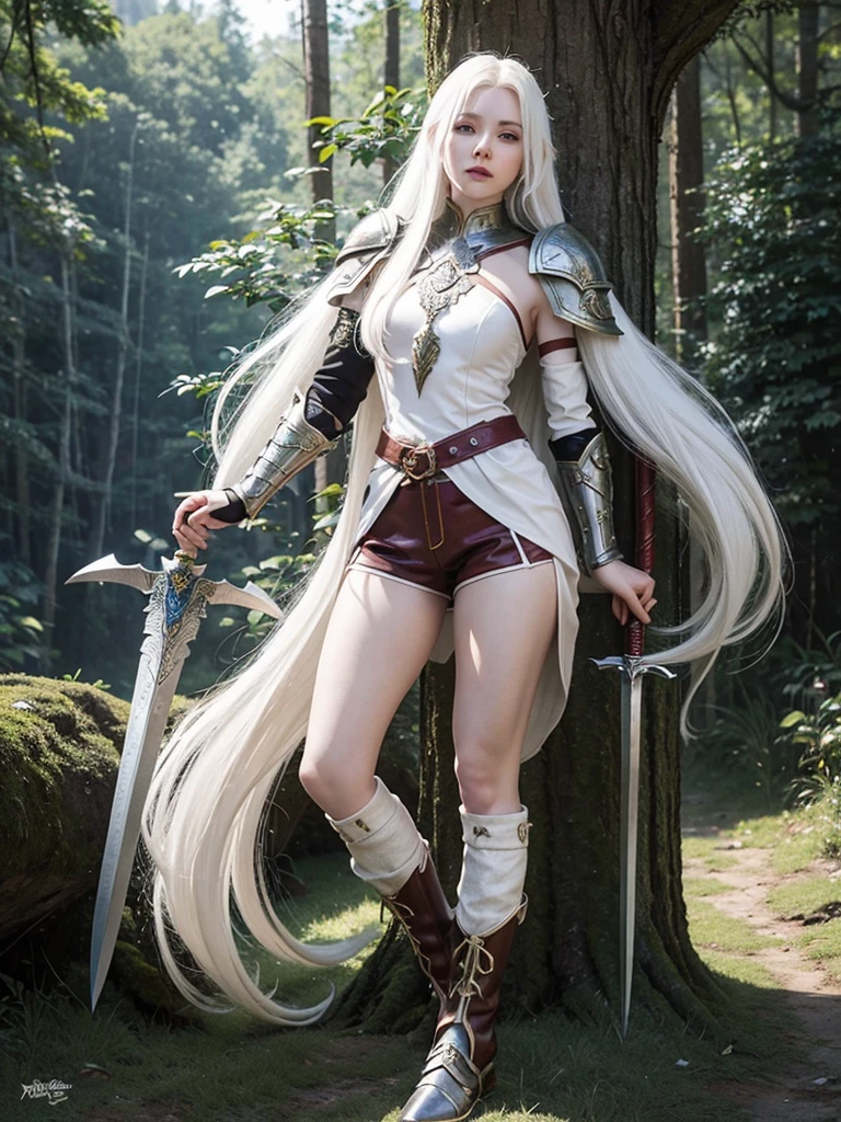 Long white hair, cate features, white skin, Fantasy world. Adventurer style with armor on the shoulder and arms (ruby). In the forest. Armor on the shoulders and a magical cool sword on the hilt. High summer fantasy boots with rubies with stocking. Clothes are visible from head to toe. Leather skinny shorts.