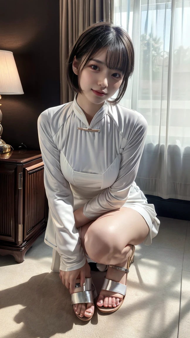 (absurdres:1.3), (highres:1.3), (ultra detailed:1.3),(1girl:1.3), (extremely detailed CG unity 8k wallpaper:1.3), (detailed skin texture, detailed cloth texture, detailed hair texture), (beautiful detailed face, supermodel, pale skin, realistic glistening skin), (RAW photo, best quality), (realistic, photo-realistic:1.4), masterpiece, extremely delicate and beautiful,Amazing, finely detail, extremely detailed CG unity 8k wallpaper, huge filesize, ultra-detailed, highres, absurdres, soft light,rim light, vibrant details, hotel room, short bob hair, ?????????????, black hair color, Big Natural Color Lip, (perfect body shape), beautiful legs, BREAK (white theme:1.5), (half sleeve (white Ao dai):1.4), (???? elbow:1.4), ((plain color, only white color):1.3), (smooth and shiny fabric:1.3), (white heeled sandals:1.2),  crying a little、little smile, Harajuku style、20 year old girl、cute type、lolita、