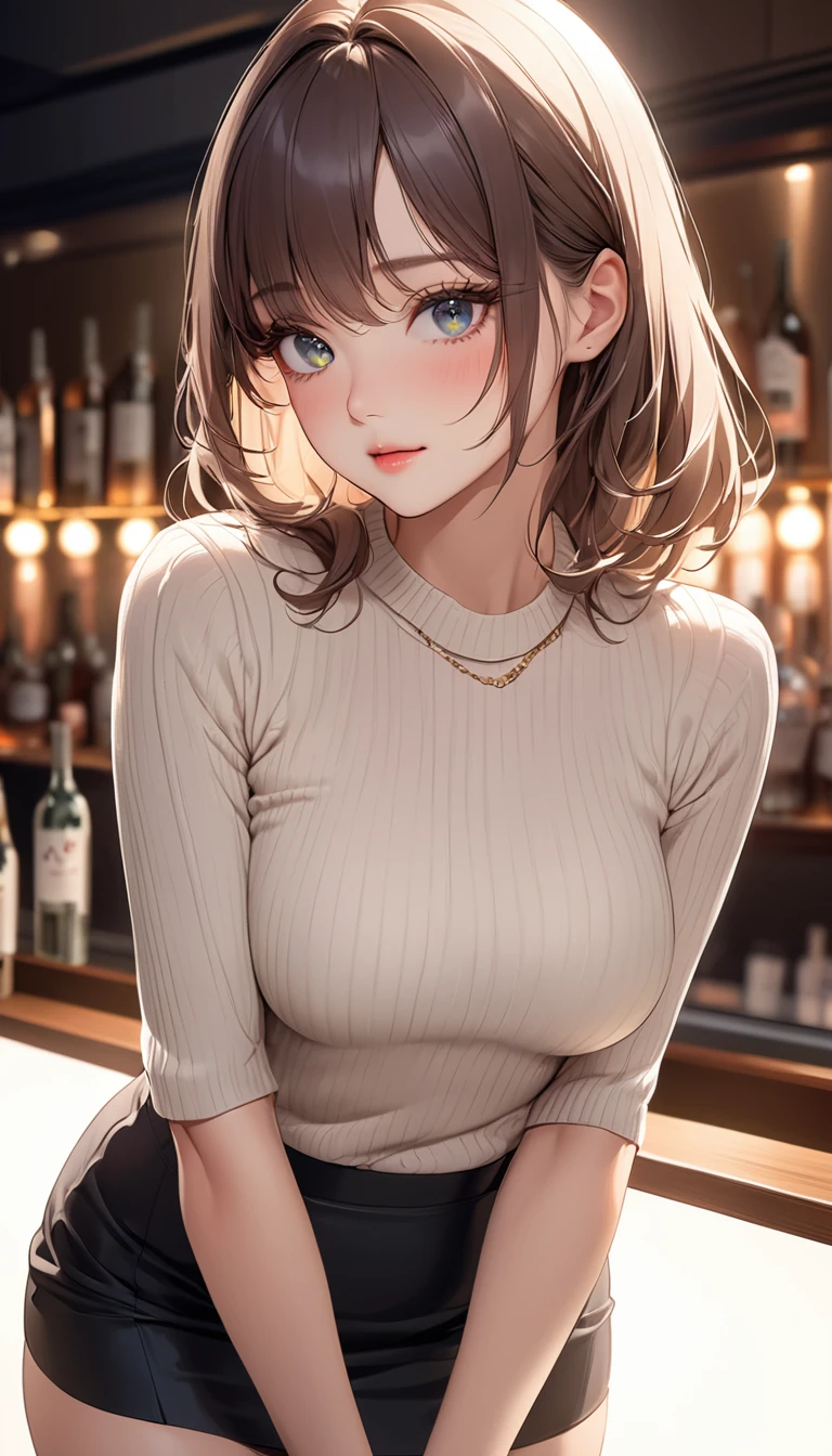 masterpiece, High resolution, perfect face, Korean beauty, 30 years old, beautiful face, night bar, tight sweater, skirt, embarrassed look, look at the camera, (top quality eyes), detailed texture, look at me, Married woman, cool women, ((high resolution eyes))